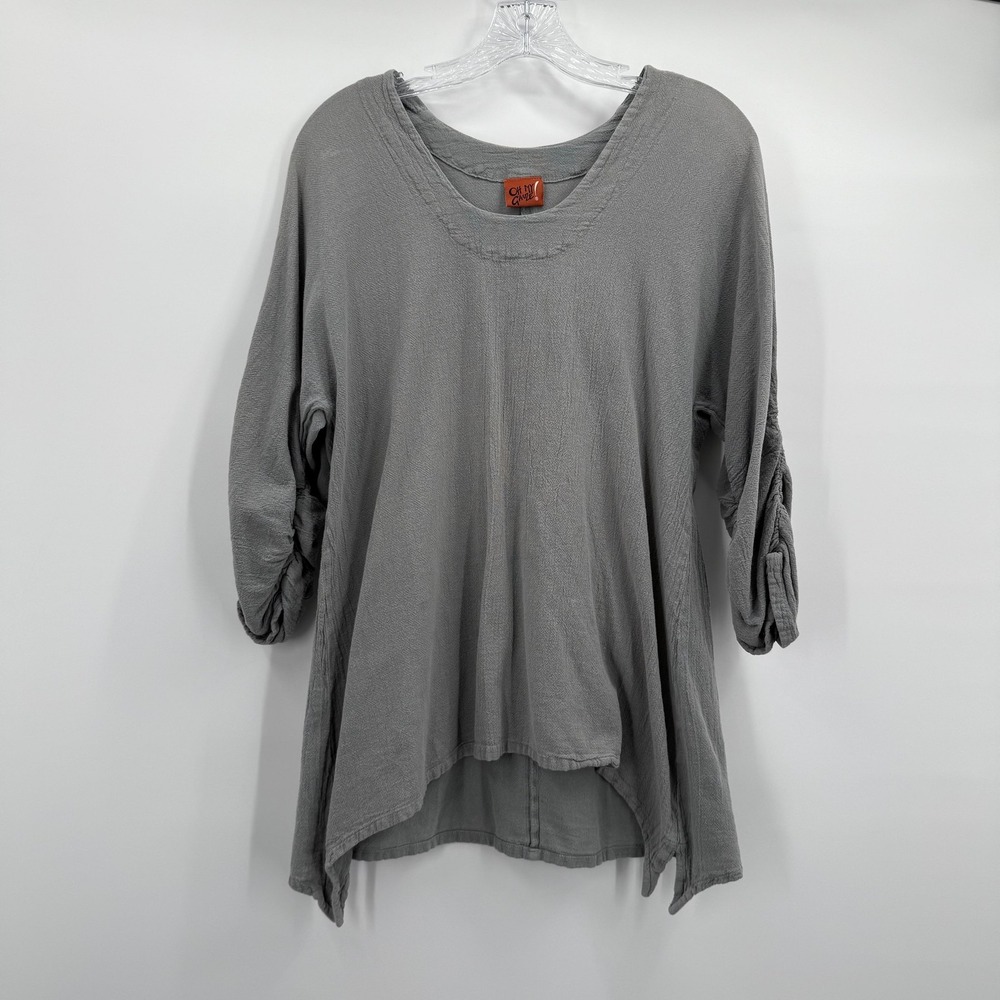 Oh My Gauze Shirt Womens Small Gray Cotton Tunic Hi Low Hem Boho 3/4 Sleeve Top